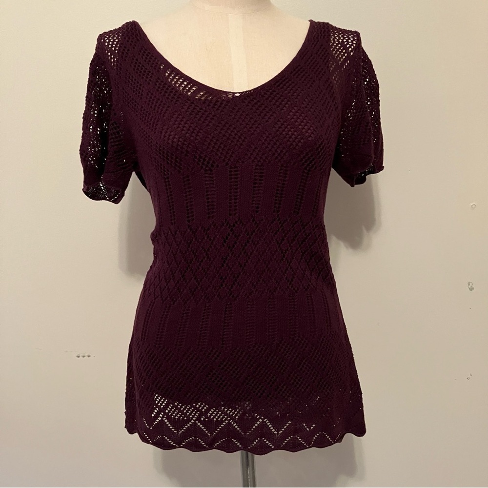 VTG Y2K Women’s Purple Sheer Crochet Lace Layered Sz. Small Tee Fairy Festival